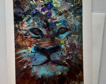 Dynamic Lion Greeting Card, Colorful Greeting Card of a Lion, Blank Greeting Card, Gift For Lion Lovers, "Lion Eyes"