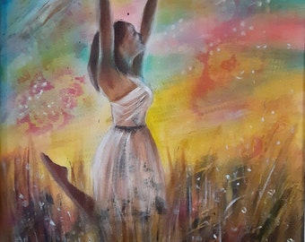 Woman Dancing in Field, Mixed Media Painting, 16x20, Spiritual Painting, Delighting In the Lord, "Freedom"