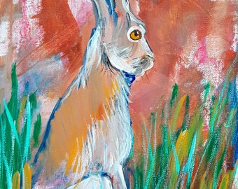 Rabbit Painting, Acrylic Animal Art, Nursery Decor (8x10)
