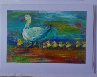 Mother Duck & Ducklings Greeting Card, Whimsical Art Print