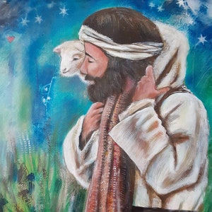 Jesus Holding Lamb, Good Shepherd, 18&quot;x24&quot; Painting, Christian Art, Mixed Media Painting, &quot;My Shepherd&quot;
