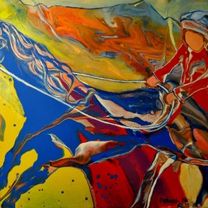 Colorful Acrylic Pour, Whimsical Painting, Blue Horse, Faceless Girl, Symbolic Painting, Prophetic Art, &quot;Taking The Wheel&quot;