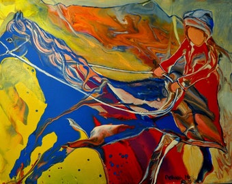 Colorful Acrylic Pour, Whimsical Painting, Blue Horse, Faceless Girl, Symbolic Painting, Prophetic Art, &quot;Taking The Wheel&quot;