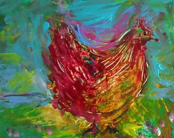 Small Chicken Painting, Minature Art, Miniature Chicken Art, Yupo Painting of Chicken, "Chicken Feed"