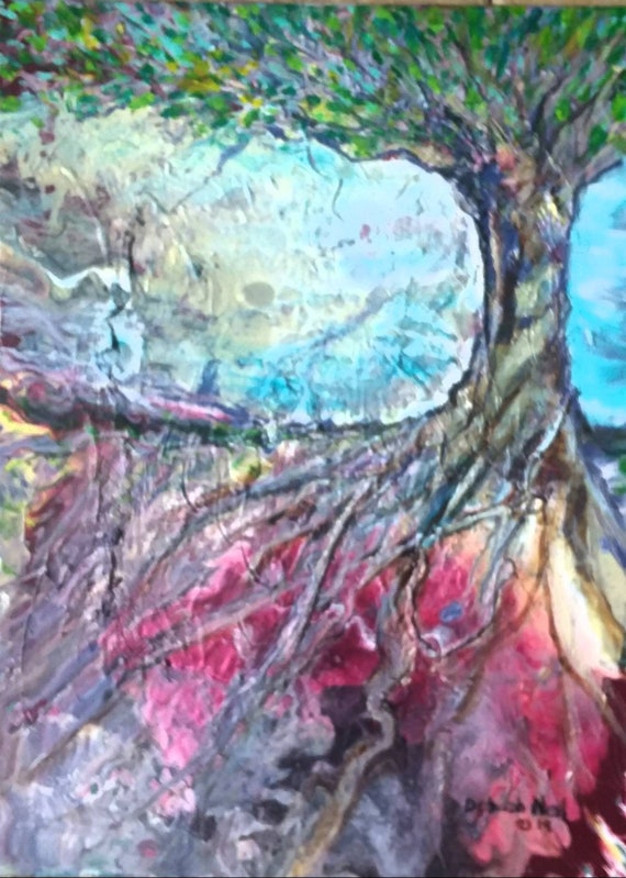 Textured Embellished Acrylic Pour Painting Expressive Tree Etsy