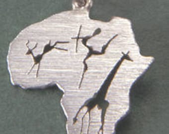 Medium Africa pendant with 3 Rock Art figures in sterling non-tarnish silver. (Height 3cm,  approx 1.25")