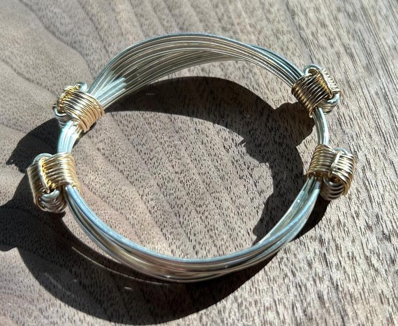 Elephant Hair Bracelet in African Silver Style With 4 Gold Knots