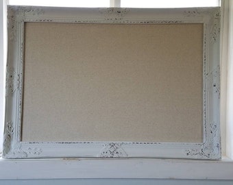 White ORNATE LARGE BULLETIN Board Entry Way Organizer Custom Wedding Escort Fabric Pin Board Baroque  Linen Memo Board Framed Shabby