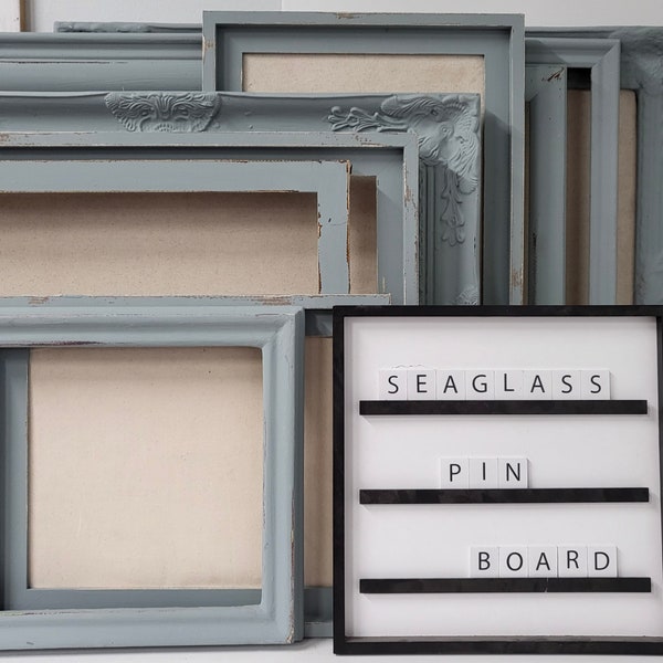 Seaglass Blue-Gray Distressed Linen Pin Board, Blue-Grey Hanging Memo Board, Family Command Center, Choose your frame style and size