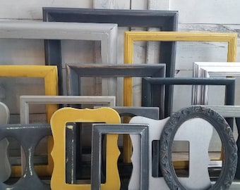 Unique Assorted Gray and Yellow Picture Frames for Wall Art, Detailed Cool and Edgy Mismatched Gallery Wall Picture Frame Set, RENO