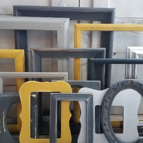 Unique Assorted Gray and Yellow Picture Frames for Wall Art, Detailed Cool and Edgy Mismatched Gallery Wall Picture Frame Set, RENO