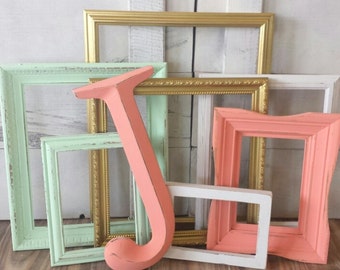 Romantic and Feminine Mismatched Picture Frame Collage of Coral, Mint, White, and Gold, Charming Gallery Wall Mixed Frames, 4x6-11x14, Giza