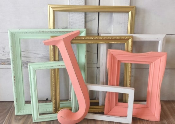 Romantic and Feminine Mismatched Picture Frame Collage of Coral, Mint,  White, and Gold, Charming Gallery Wall Mixed Frames, 4x6-11x14, Giza 