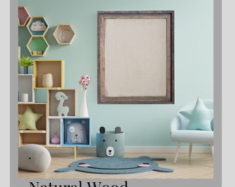 May include: A natural wood bulletin board with a rustic, dark brown frame hangs on a light blue wall. The board has a neutral-colored surface. The text "Natural Wood Bulletin Board" is at the bottom of the image. The room is decorated with children's furniture.