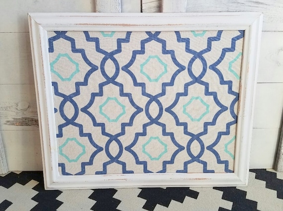 Framed Cork Board Farmhouse Bulletin Board Shabby White Fabric Pin Board Navy and Teal Geometric Pattern Many Sizes Available Large