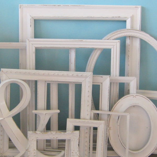 White Shabby Chic Picture Frame Set, Distressed Modern Farmhouse Gallery Wall Set, Vintage Nursery Wall Decor, Ornate Frames, Portland