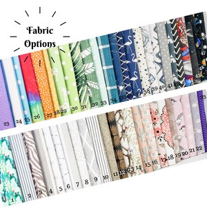 May include: A selection of fabric swatches in various patterns and colors, including floral, geometric, and novelty prints. The image includes the text "Fabric Options" and numbered samples.