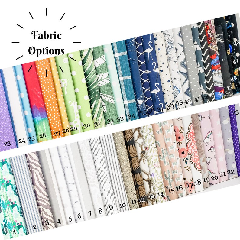 May include: A selection of fabric swatches in various patterns and colors, including floral, geometric, and novelty prints. The image includes the text "Fabric Options" and numbered samples.