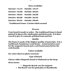 May include: A white document titled "Pin Board Ordering Guide - Traditional Frame" with size options, material details, and board types. The text describes the frame's quality, paint, and available colors.