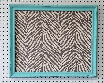 Playful Zebra Fabric Memo Board, Funky Turquoise Animal Print Pinboard, Teen Bedroom Wall Decor,  Enamel Pin Display, 16x20 inches