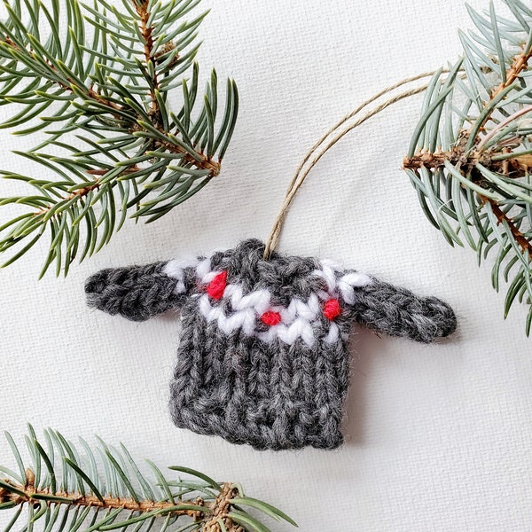 Mini Icelandic Sweater, decoration, ornament, charcoal grey, white with berries, stocking stuffer, souvenir, gift tag topper, secret santa