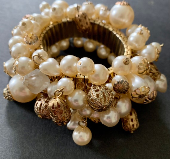 Vintage Gold Tone Faux Pearls Beads Baubles Filig… - image 6