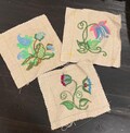 Vintage Crewel Embroidery Linen Squares Picture Wall Hanging Crafts Mid Century Mod Jacobean Cottage Core Boho 1970's Flowers Hippie Blues