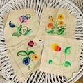 Vintage Crewel Embroidery Linen Squares Picture Wall Hanging Craft Project Mid Century Mod Jacobean Cottage Core Boho 1970's Flowers Hippie