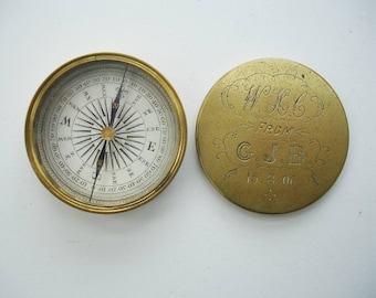 Antique Brass Compass With Engraved Lid (CP47)