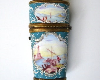 Antique Enamelled  & Gilt Etui With Sewing Set - 18th Century - Fishing Scenes.