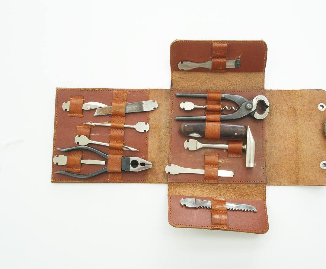 Antique German Tool Kit in Leather Case 12 Tools Including Corkscrew