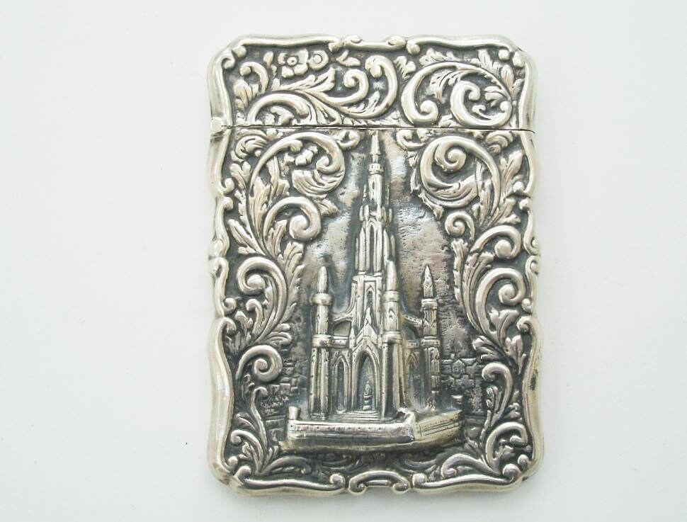 Antique Silver Card Case Featuring The Scott Monument  - Nathaniel Mills