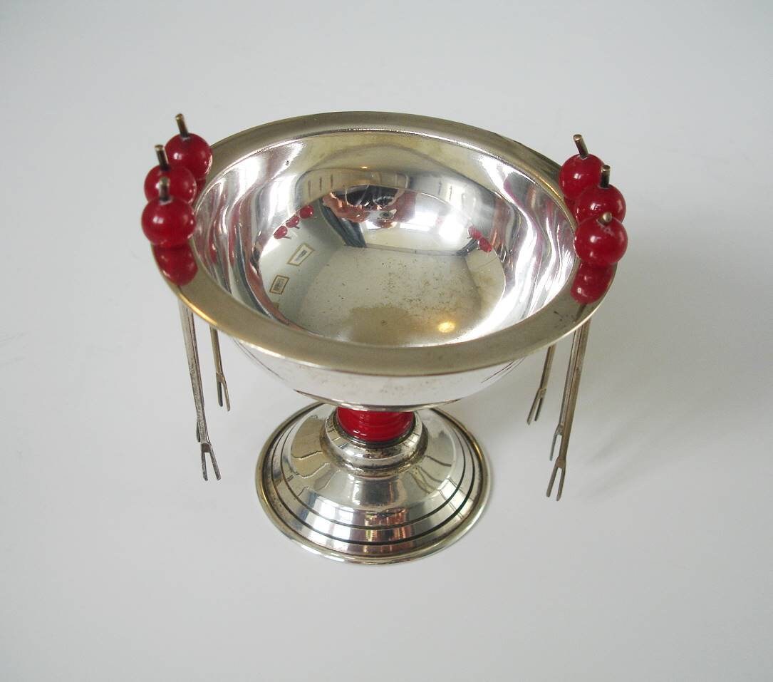 Vintage Silver Plated Cherry Cocktail Sticks & Bowl