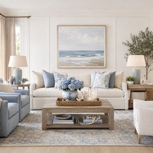 May include: A living room featuring a cream sofa with blue and white patterned pillows, two light blue armchairs, a white armchair, and a wooden coffee table. A large framed seascape painting hangs above the sofa, flanked by two blue table lamps.