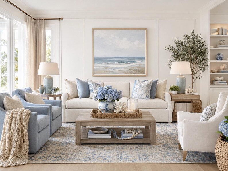 May include: A living room featuring a cream sofa with blue and white patterned pillows, two light blue armchairs, a white armchair, and a wooden coffee table. A large framed seascape painting hangs above the sofa, flanked by two blue table lamps.