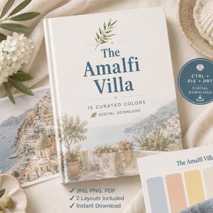 May include: A digital download product titled The Amalfi Villa featuring 15 curated colors. The cover displays a coastal Italian landscape with a terrace, olive branch illustration, and text. Includes a color palette card with five pastel swatches.