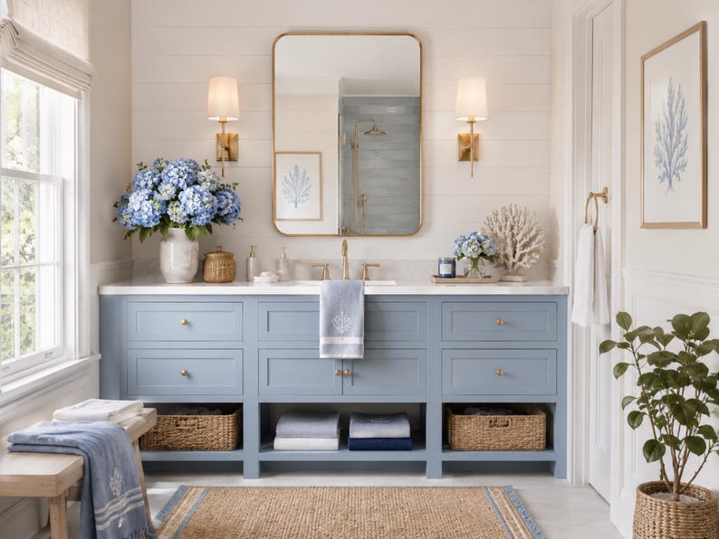 May include: A bathroom vanity in light blue with a white countertop, gold hardware, and a rectangular mirror. The vanity features drawers, open shelving with woven baskets, and folded towels. Blue hydrangeas and coral decor accent the space.
