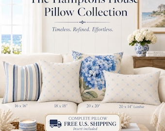 May include: A collection of four decorative pillows featuring blue and white patterns, including a 16x16 inch striped pillow, an 18x18 inch diamond grid pillow, a 20x20 inch hydrangea floral pillow, and a 20x14 inch lumbar pillow with a diamond grid.