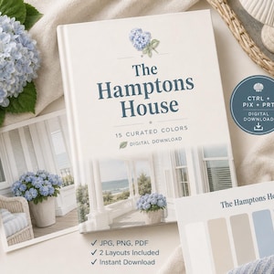 May include: A digital download guide titled The Hamptons House featuring 15 curated colors. The cover displays a white house with blue hydrangeas and a coastal porch. Includes a color palette card with shades of blue, beige, and green, plus file formats.