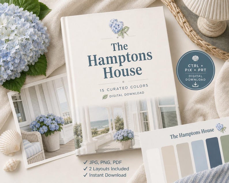 May include: A digital download guide titled The Hamptons House featuring 15 curated colors. The cover displays a white house with blue hydrangeas and a coastal porch. Includes a color palette card with shades of blue, beige, and green, plus file formats.