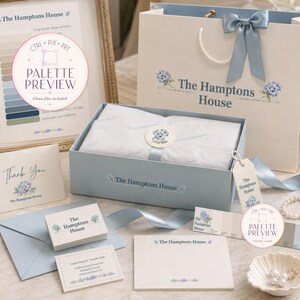 May include: A branded stationery set from The Hamptons House featuring a light blue gift box, a matching paper shopping bag with a blue ribbon, a thank you card, business cards, note cards, and a color palette preview sheet with blue hydrangea motifs.