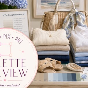 May include: A collection of folded clothing in shades of white, beige, and blue, including sweaters and button-down shirts. A woven straw tote bag with a floral scarf, beige sandals, a pearl bracelet, and a color palette card are displayed.