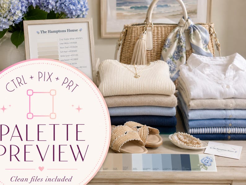 May include: A collection of folded clothing in shades of white, beige, and blue, including sweaters and button-down shirts. A woven straw tote bag with a floral scarf, beige sandals, a pearl bracelet, and a color palette card are displayed.