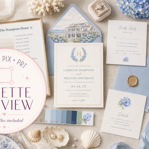 May include: A wedding invitation suite featuring cream-colored cardstock with blue hydrangea illustrations, gold foil lettering, and a monogrammed wax seal. The set includes a response card, details card, and a blue envelope with a coastal house illustration.