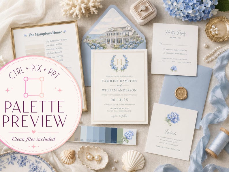 May include: A wedding invitation suite featuring cream-colored cardstock with blue hydrangea illustrations, gold foil lettering, and a monogrammed wax seal. The set includes a response card, details card, and a blue envelope with a coastal house illustration.