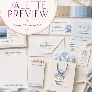 May include: A branding kit for The Hamptons House featuring stationery, business cards, envelopes, a gift bag, and a notepad. Each item displays blue hydrangea illustrations and the company name. A color palette strip shows shades of blue, beige, and green.