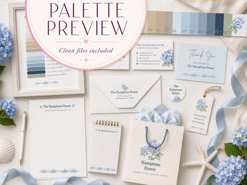 May include: A branding kit for The Hamptons House featuring stationery, business cards, envelopes, a gift bag, and a notepad. Each item displays blue hydrangea illustrations and the company name. A color palette strip shows shades of blue, beige, and green.