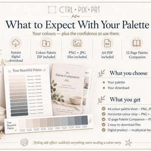May include: A digital product information sheet titled CTRL + PIX + PRT, featuring a color palette guide with a 12-page companion booklet, A4 PDF, and PNG/JPG files. The display shows a neutral color gradient, text descriptions, and icons.