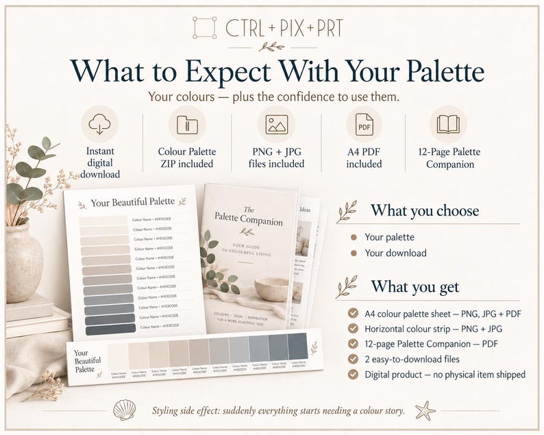 May include: A digital product information sheet titled CTRL + PIX + PRT, featuring a color palette guide with a 12-page companion booklet, A4 PDF, and PNG/JPG files. The display shows a neutral color gradient, text descriptions, and icons.
