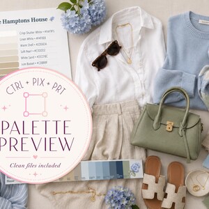 May include: A white button-down shirt, light blue sweater, beige trousers, sage green handbag, and beige sandals. Accessories include a blue and white scarf, gold necklaces, sunglasses, and a color palette card labeled The Hamptons House.